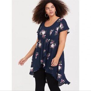 Torrid Womens Plus 2X Lexie Navy Floral Georgette Hi-Lo Tunic Top Short Sleeve